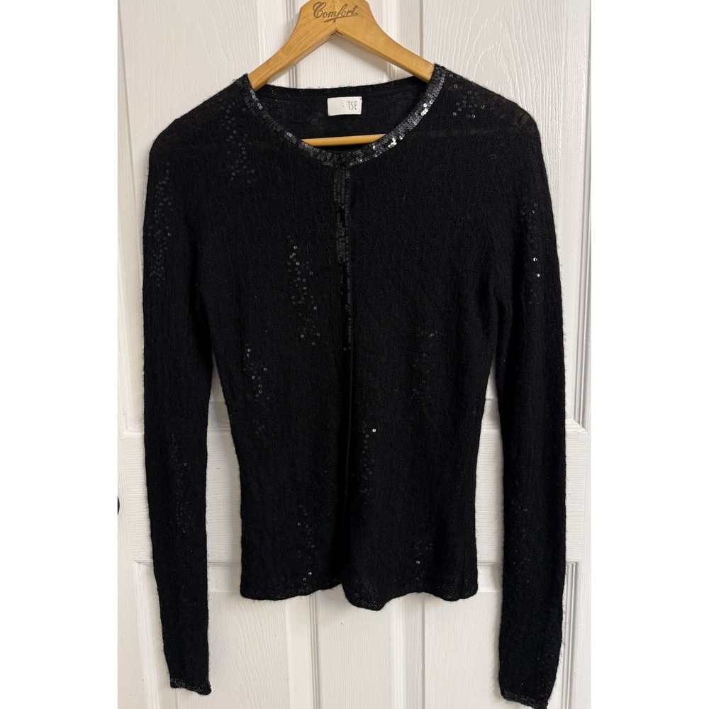 TSE 100% Cashmere Cardigan Black Sequin Mesh Type Snaps Holiday Party Women's L